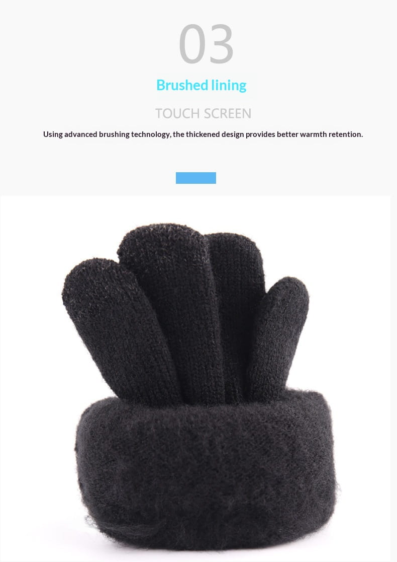 Schwarzer Touchscreen-Wollhandschuh für den Winter aus besonders weichem Material mit gebürsteter Fütterung zur besseren Wärmespeicherung, von der Rückseite gezeigt.