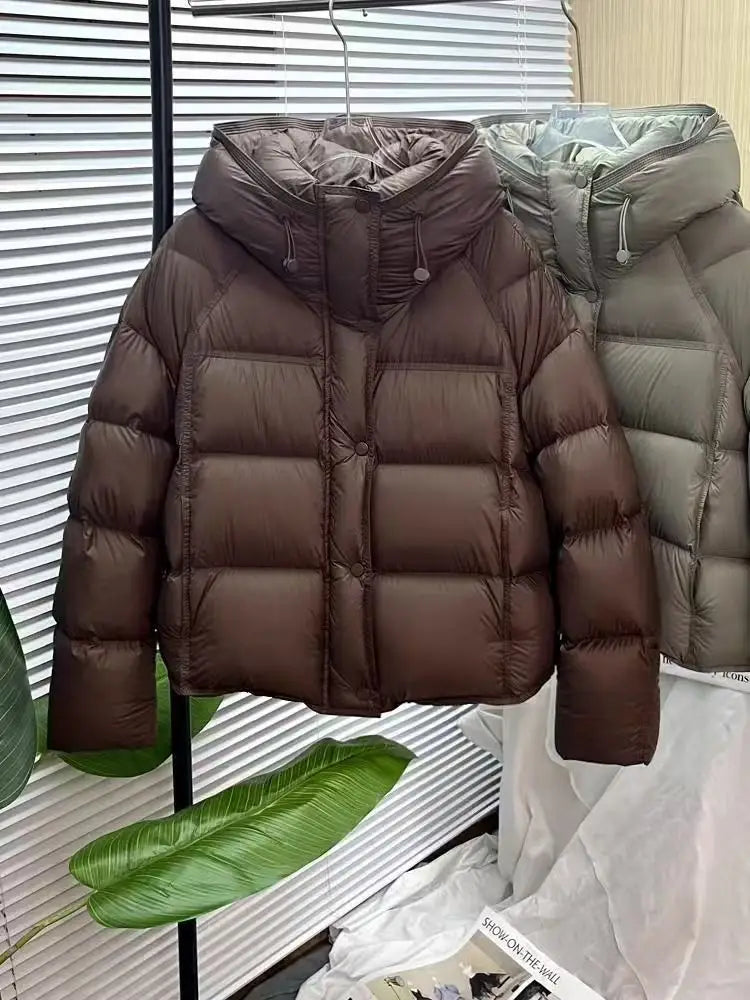 brown quilted puffer jacket with a hood designed as a loose hooded winter coat.