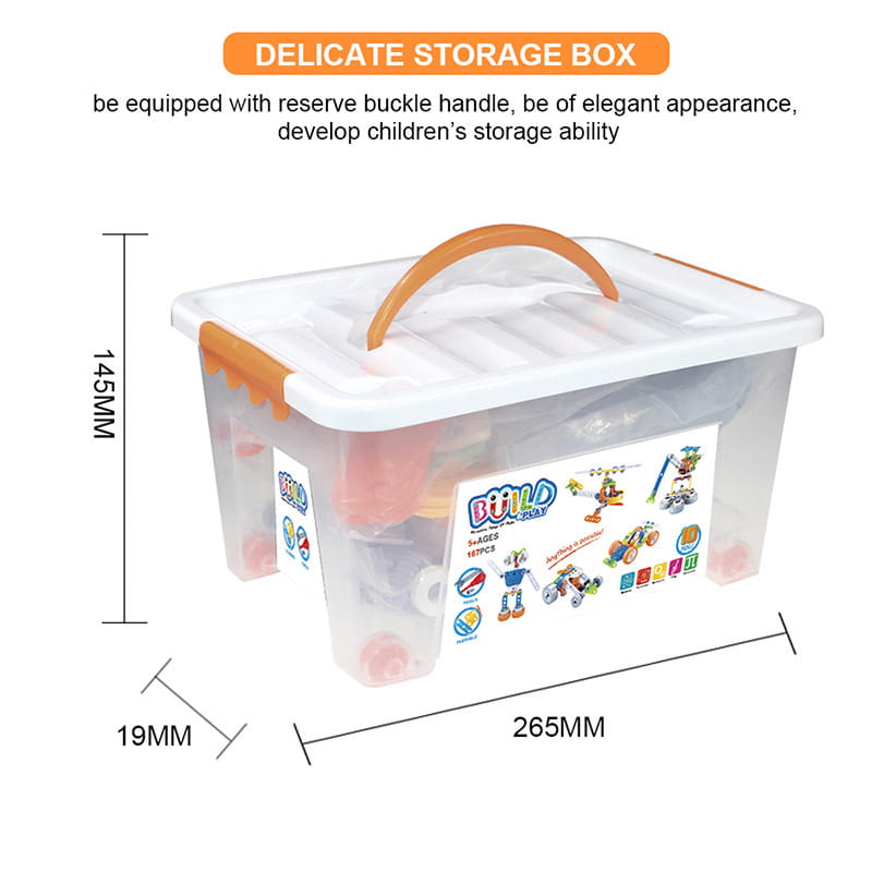 Transparent plastic storage box with orange handle and lid featuring a colorful build and play label for the engineering vehicle robot 10 in 1 building block set.