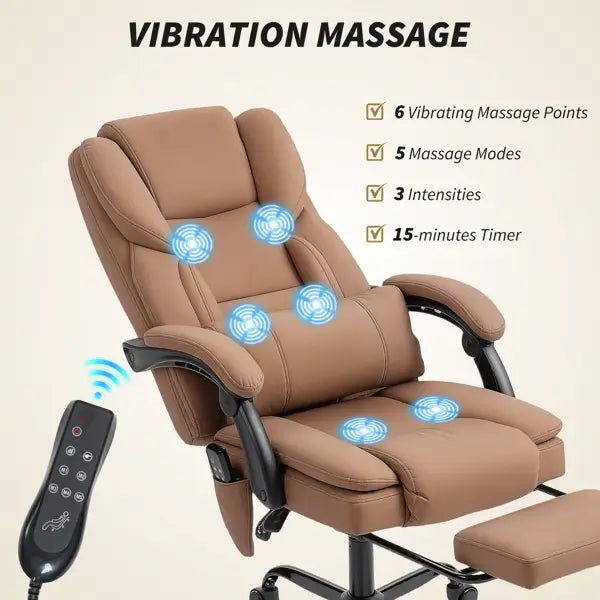 Sillón de oficina de cuero marrón, elaborado en polipiel, con funciones integradas de masaje vibratorio y un control remoto a juego para reclinación y relajación.