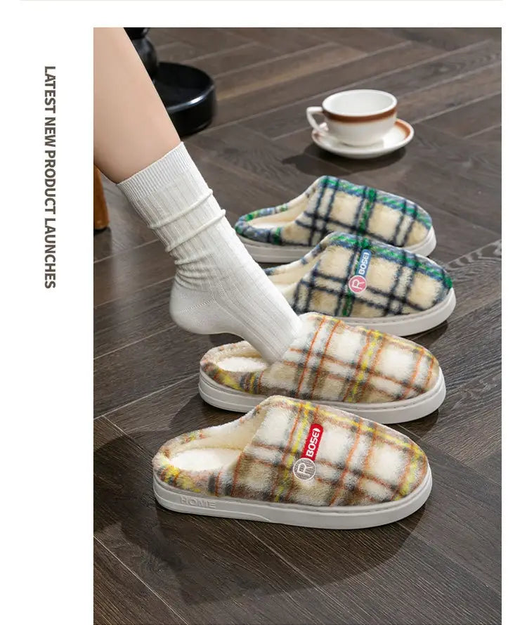 Unisex plaid fleece lined non slip indoor slippers featuring a soft fluffy interior and white rubber soles.