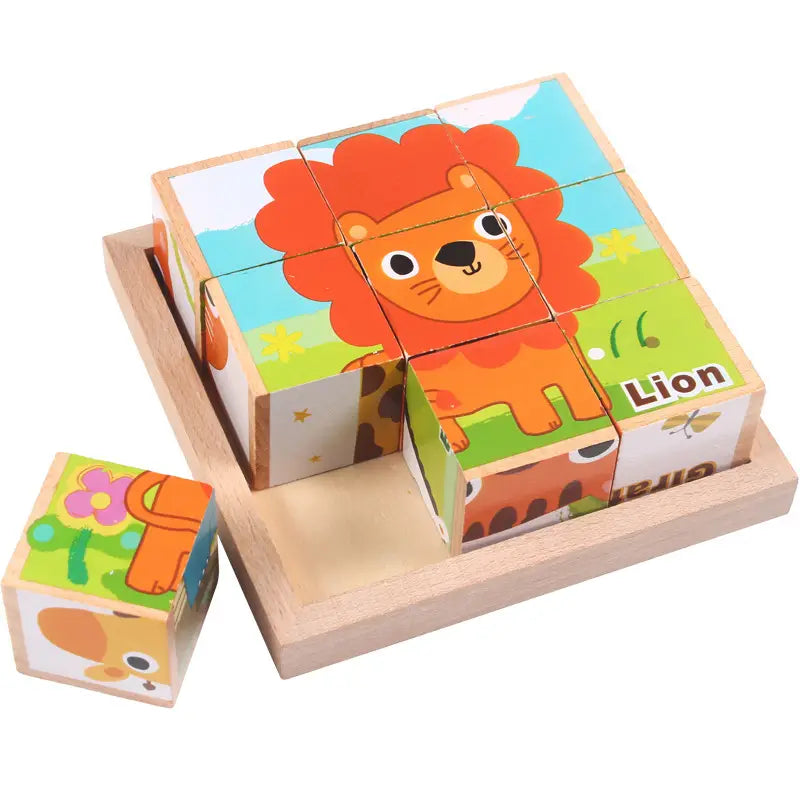 puzzle en cube en bois 6 en 1, jeu éducatif précoce, présentant un design de lion de dessin animé coloré avec une fourrure orange éclatante et un fond de pelouse verte, assemblé dans un plateau en bois assorti.