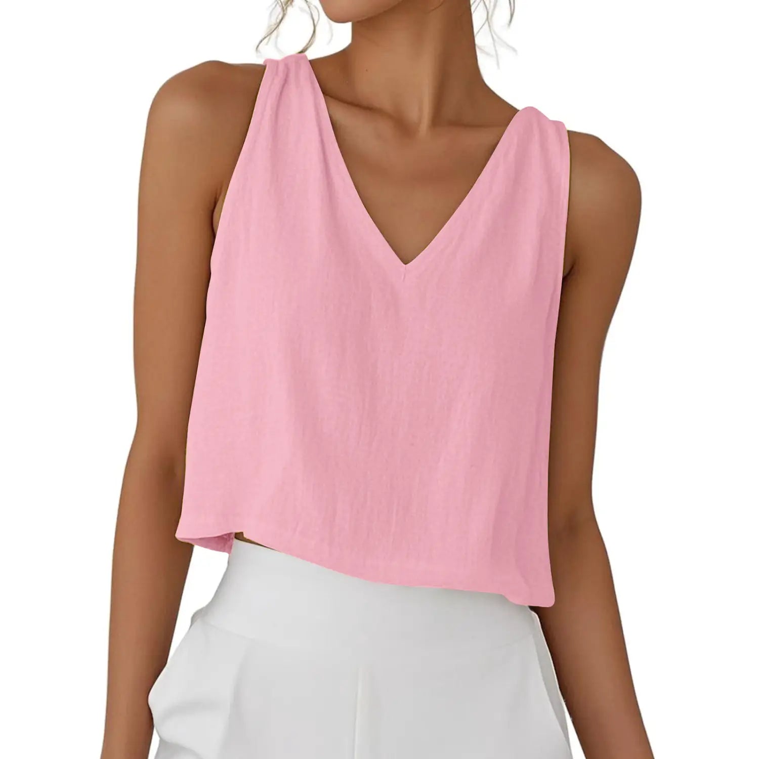 Ein sanftes rosafarbenes Baumwoll-Leinen-Camisole-Top ohne Ärmel mit V-Ausschnitt, lockerer Passform und Crop-Länge.