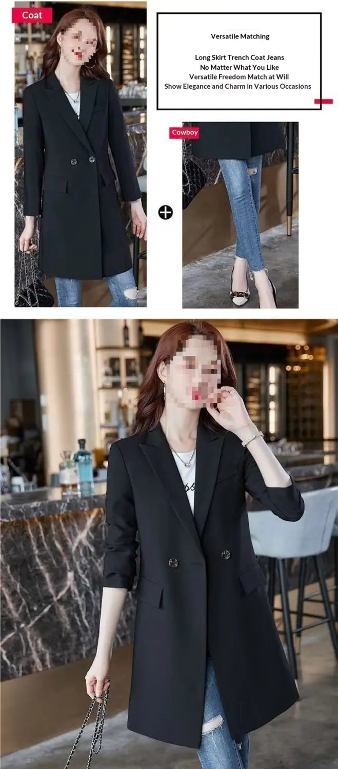 Black double-breasted long skirt trench coat with a sleek tailored design shown from the front in contrast to the product title double breasted beige casual blazer.
