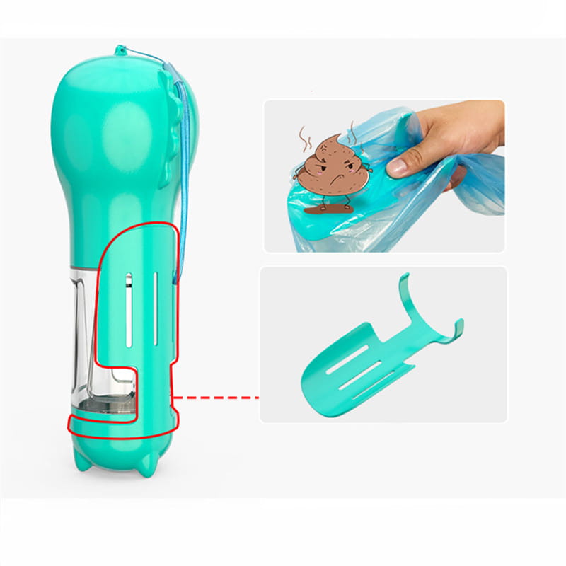 Bouteille d’eau portable 3-en-1 pour chien en plastique turquoise, avec réservoir d’eau transparent et pelle amovible pour l’élimination des déchets de l’animal.