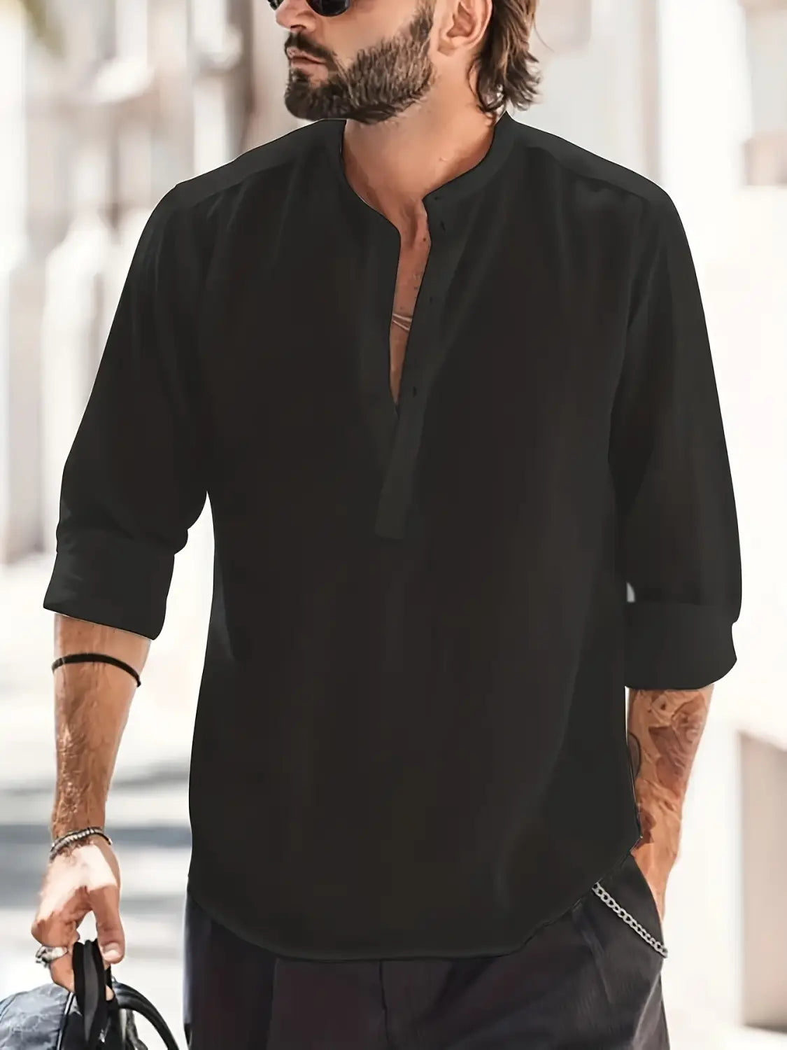 black lightweight linen and cotton men’s shirt with mandarin collar and rolled sleeves