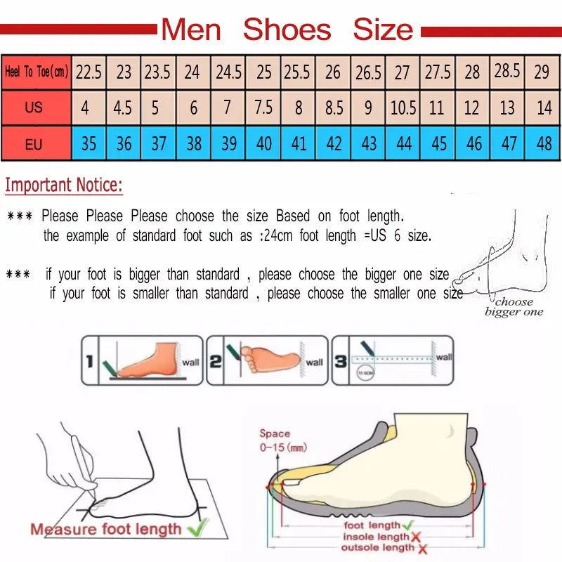 Men snow boots lightweight waterproof winter shoes size chart with measurements in centimeters and US EU sizes featuring illustrated foot measurement instructions.