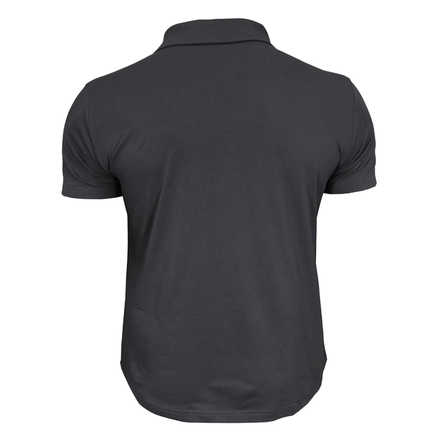 Men’s black short-sleeved polo shirt with a classic collar and ribbed trim made from a cotton blend featuring dual pockets.
