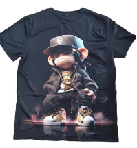 Men’s black graphic streetwear t shirt featuring a detailed cartoon monkey wearing a hat sunglasses and gold chains print.