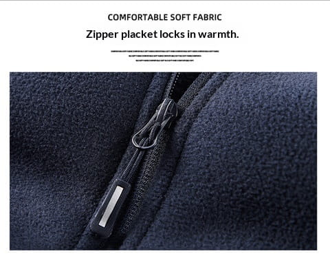 Mens fleece casual multipocket winter jacket in dark navy fleece with a black zipper and silver toned pull tab.