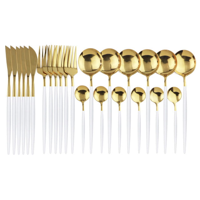 Gold stainless steel cutlery 24pc pink two-tone set featuring gold-finished utensils with white handles in a modern and elegant design.