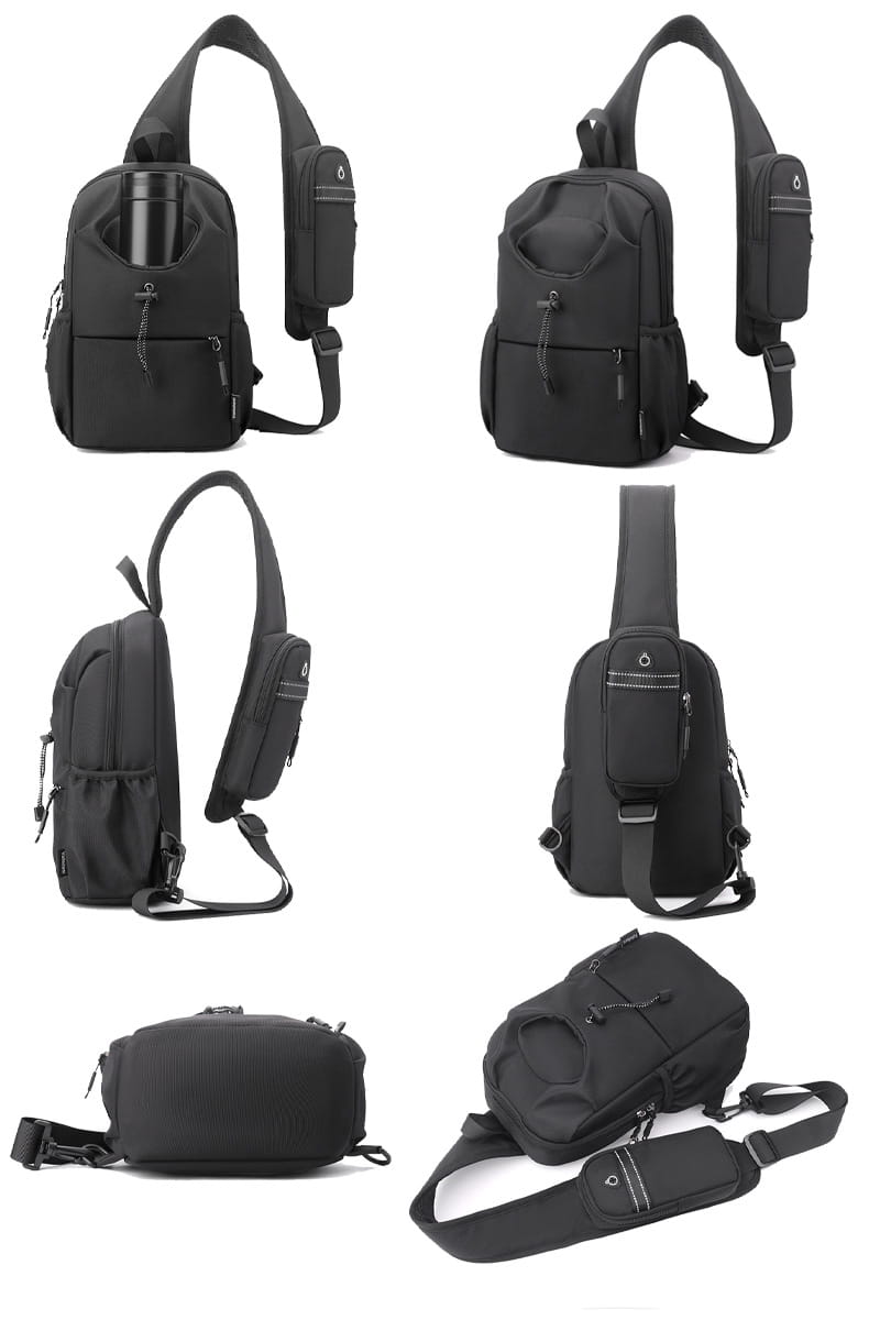Schwarze wasserdichte Herren-Oxford-Gewebe-Minimalist-Crossbody-Brusttasche aus Nylon mit mehreren Reißverschlussfächern und verstellbarem Schulterriemen