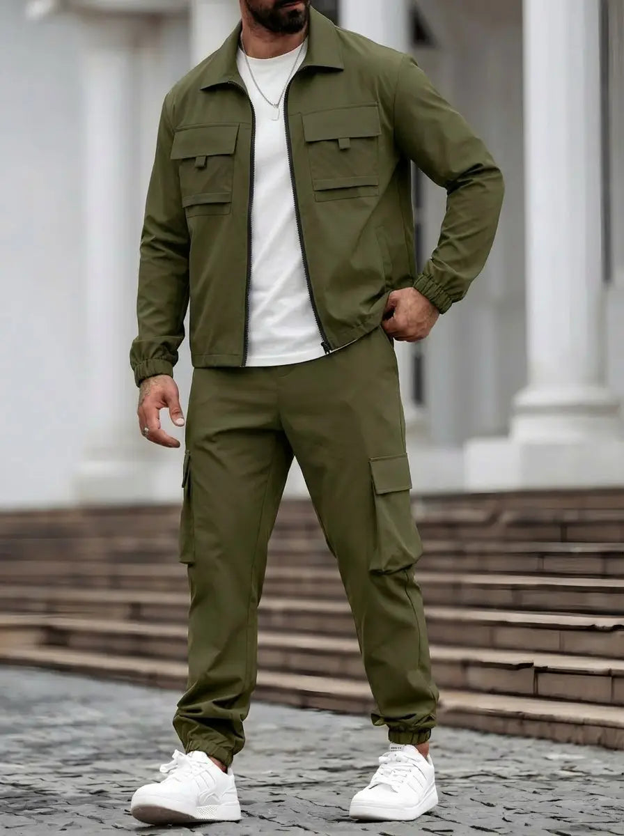 olive green mens utility zip up workwear jacket with two chest pockets and elastic cuffs made from durable fabric for practical work use