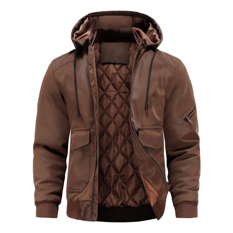 Men’s brown faux leather motorcycle jacket with removable hood quilted interior and zippered pockets.