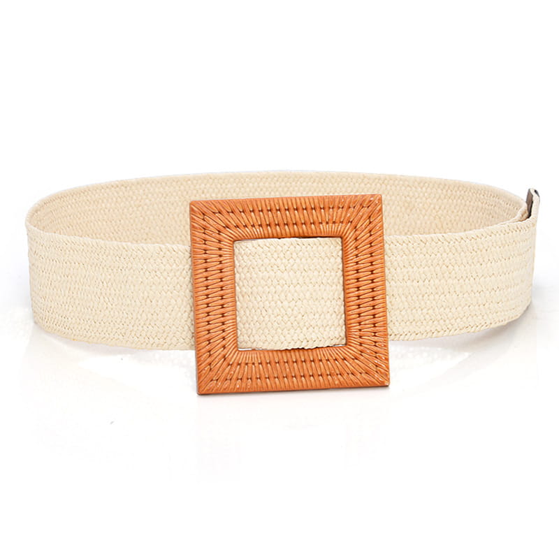 Beige woven elastic belt with a square orange-brown braided buckle for versatile casual wear.