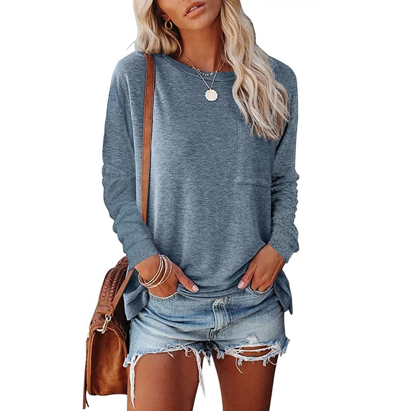 a soft heathered blue relaxed pocket knit long sleeve t-shirt made of comfortable fabric featuring a relaxed fit and front pockets