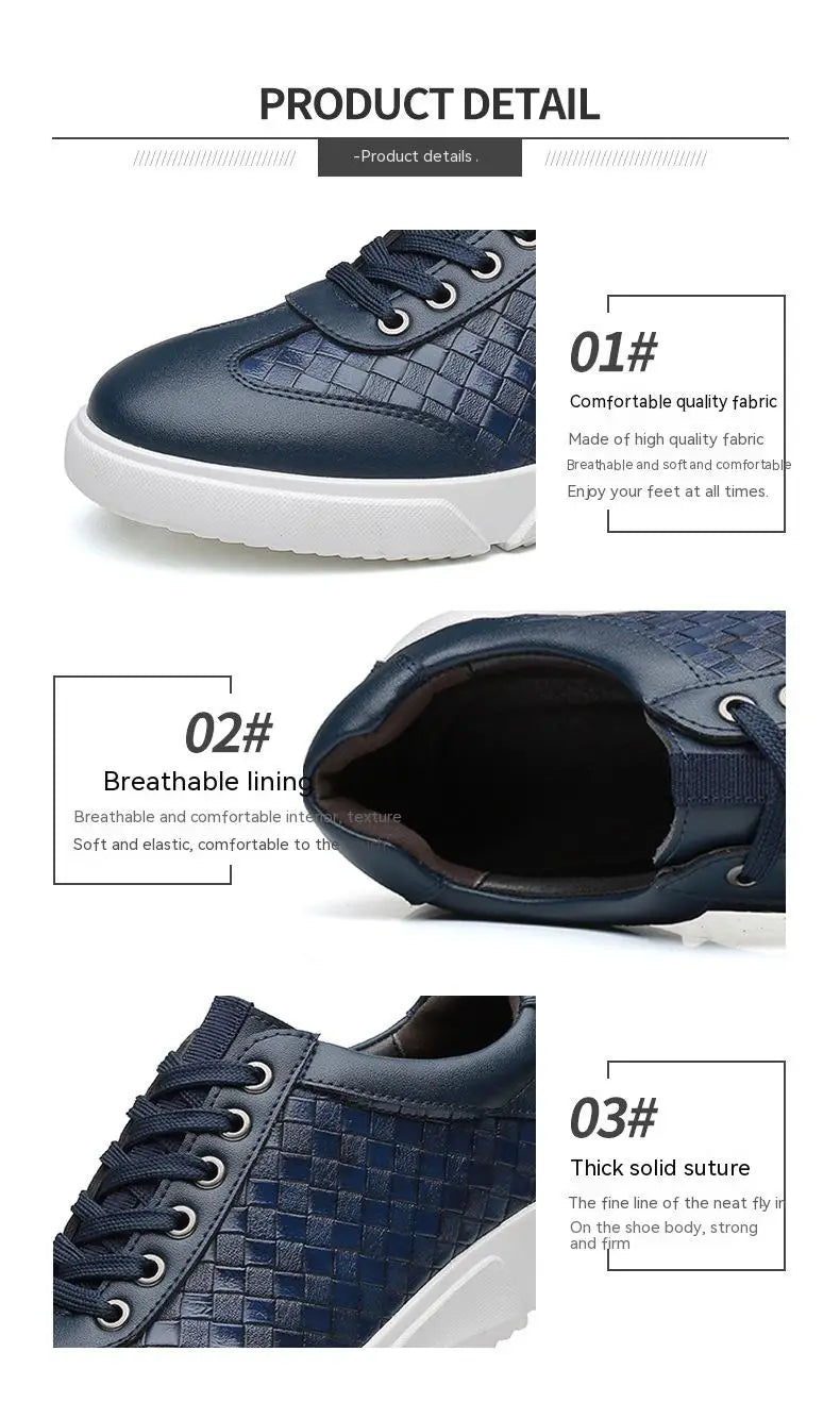Zapatilla casual de cuero tejido para hombre en azul oscuro con patrón con textura y suela de goma blanca.