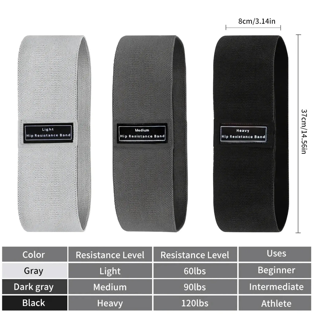 Fabric hip resistance bands set showing gray dark gray and black textured fabric surfaces for strength training