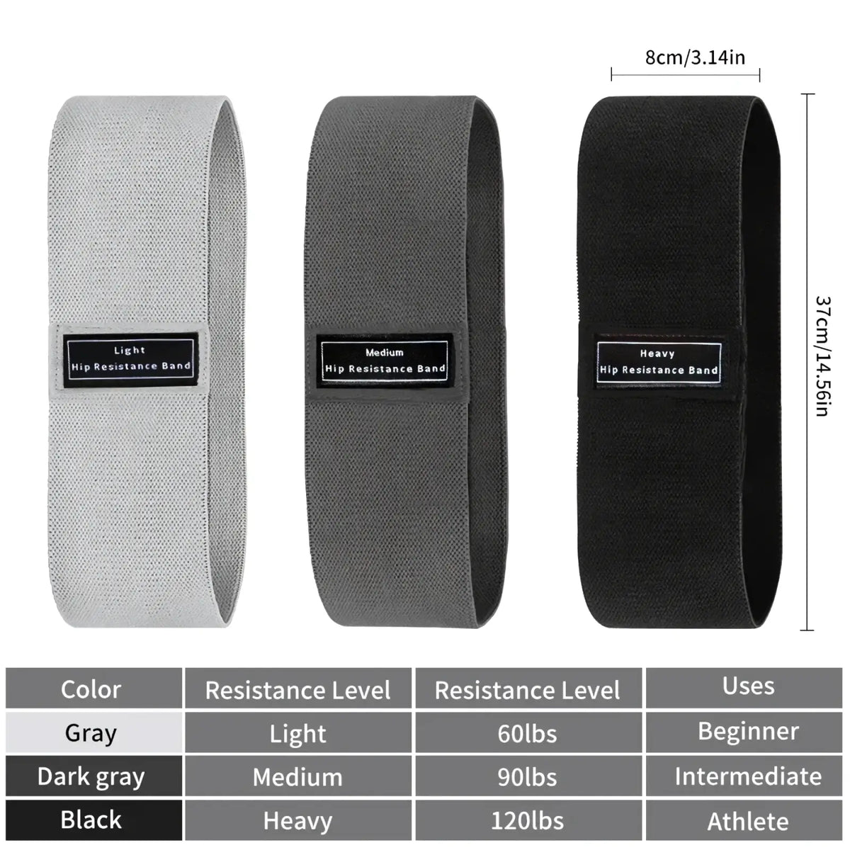 Fabric hip resistance bands set showing gray dark gray and black textured fabric surfaces for strength training