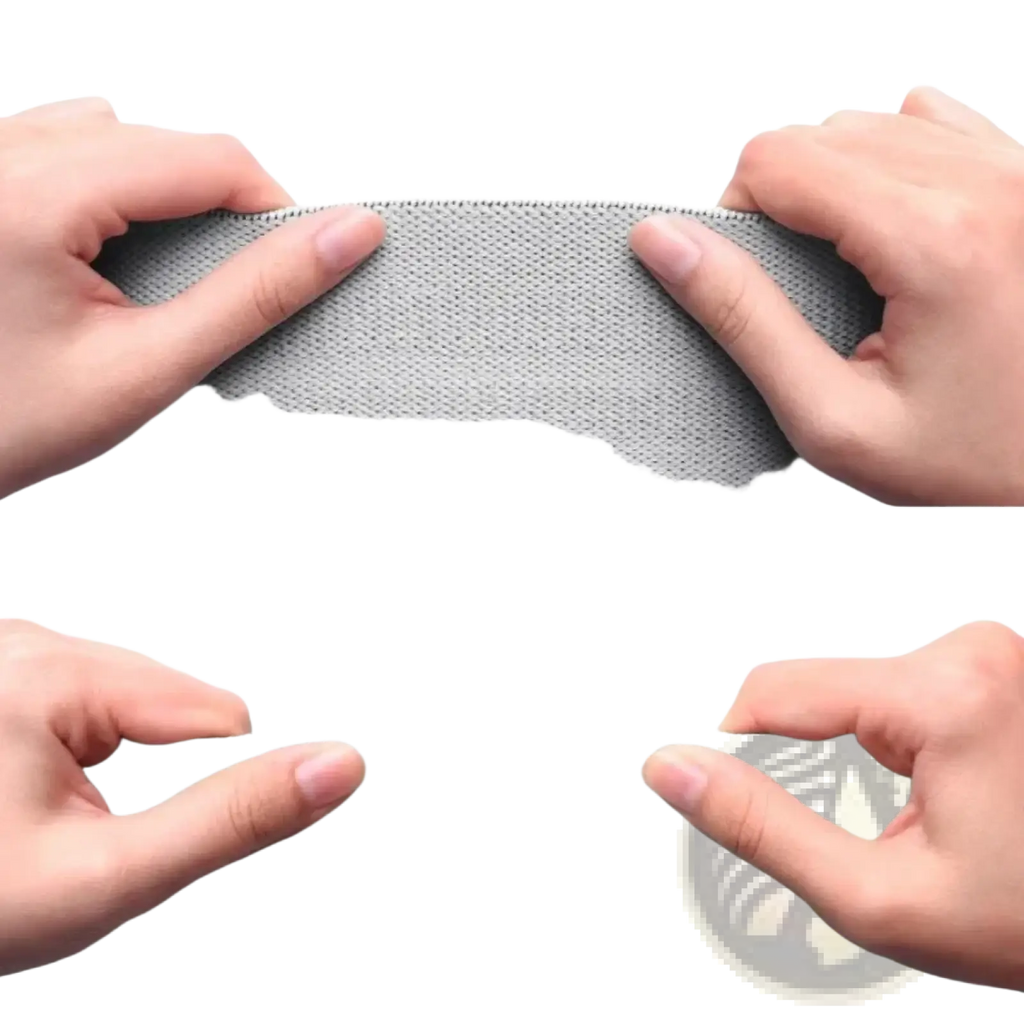 Gray textured fabric of fabric hip resistance bands set shown before and after being stretched by hands