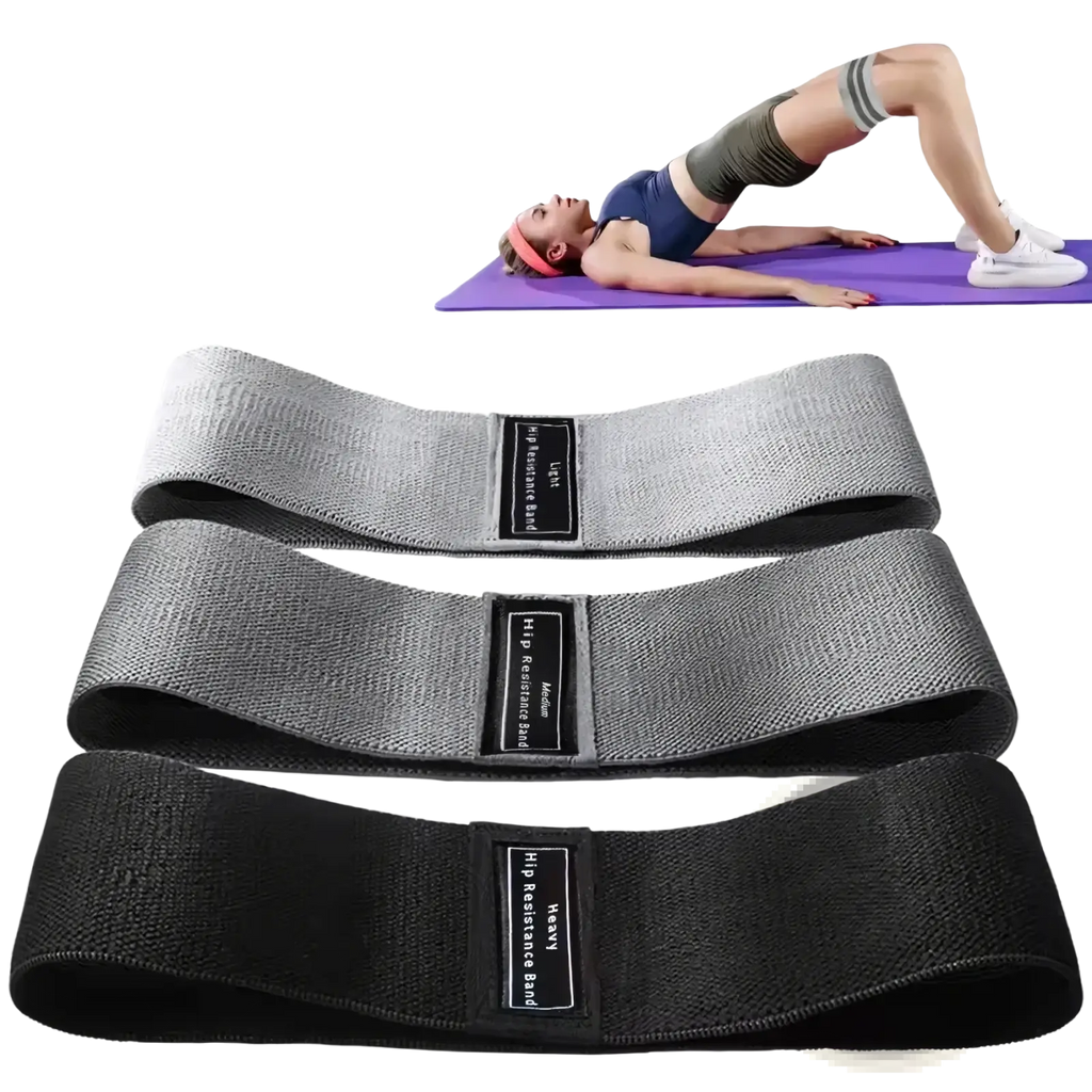 Set of three gray and black fabric hip resistance bands with labeled intensity levels for strength training