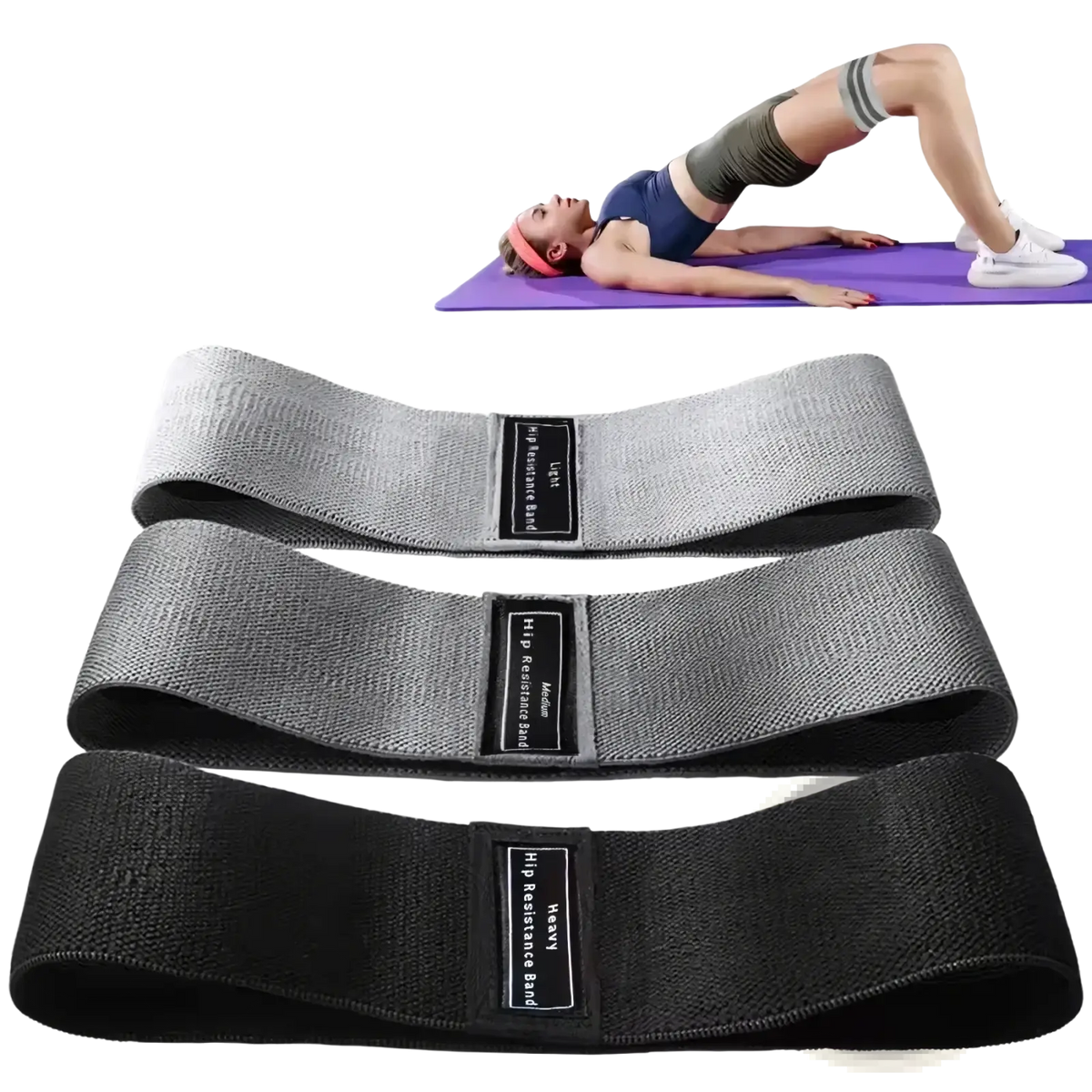 Set of three gray and black fabric hip resistance bands with labeled intensity levels for strength training