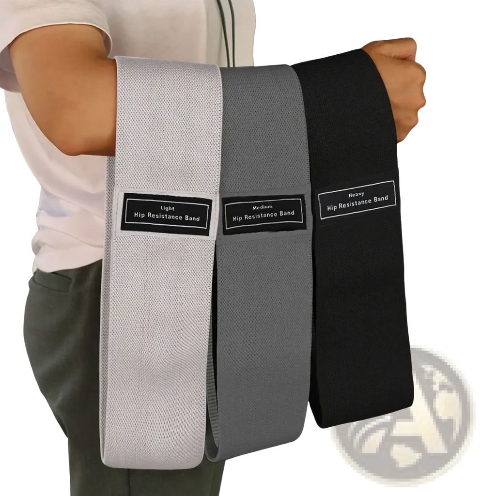 Fabric hip resistance bands set with three textured elastic bands in light gray medium gray and black for workouts