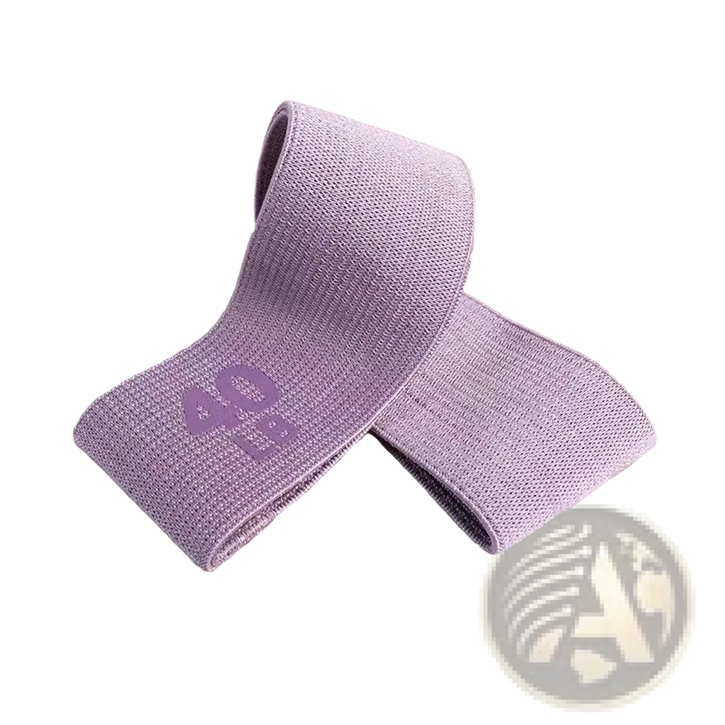 A soft lavender fabric resistance band with textured knit pattern and subtle 40 branding for hip exercises