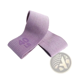 A soft lavender fabric resistance band with textured knit pattern and subtle 40 branding for hip exercises