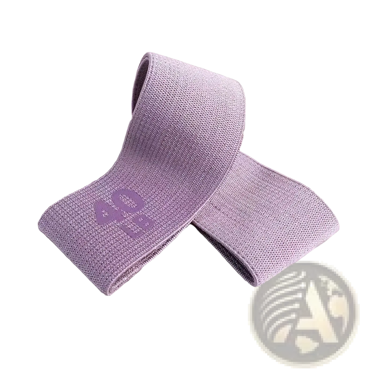 A soft lavender fabric resistance band with textured knit pattern and subtle 40 branding for hip exercises