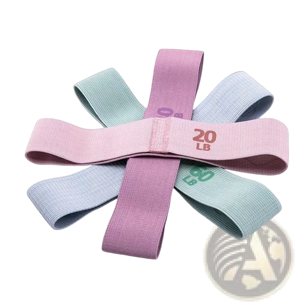 Fabric resistance band hip exercise loops in pastel pink blue and mint green with printed weight markings