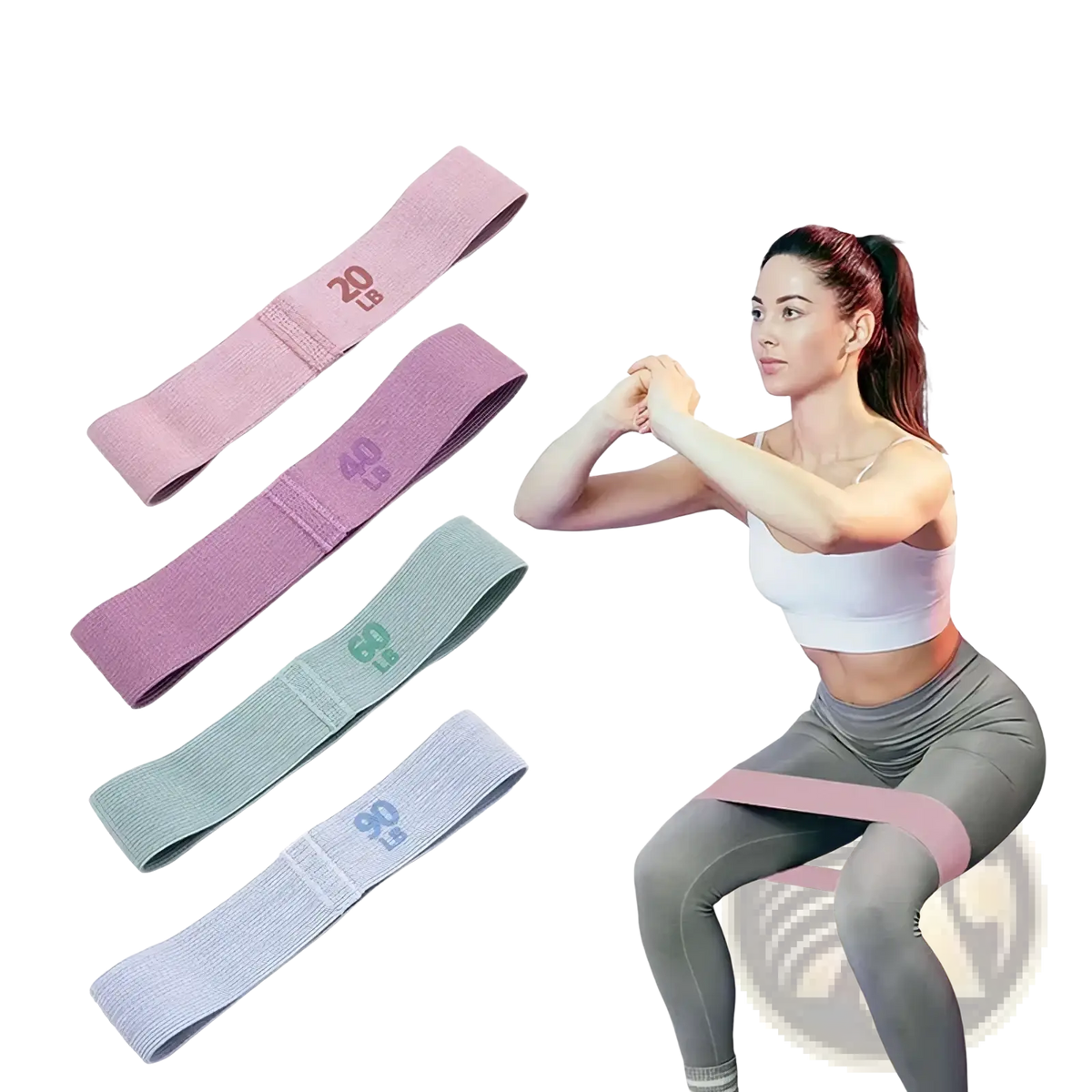 Fabric resistance band hip exercise loop in pink elastic fabric with 20 lb weight marking for strength training
