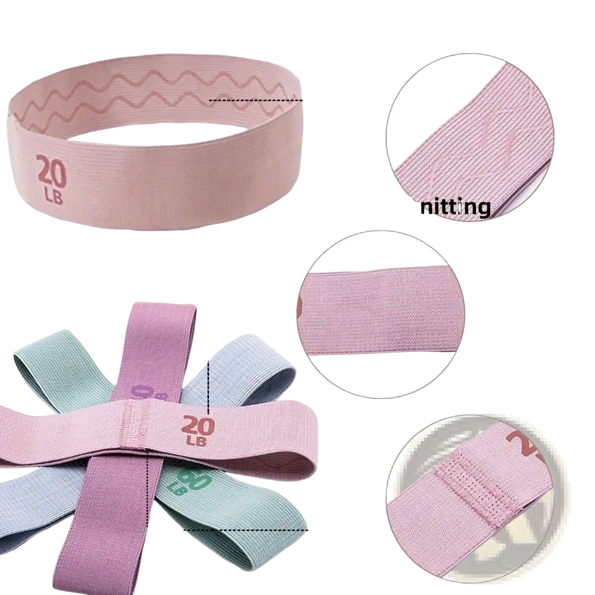 Pink fabric resistance band hip exercise loop with textured composite knitting surface and 20 lb resistance level