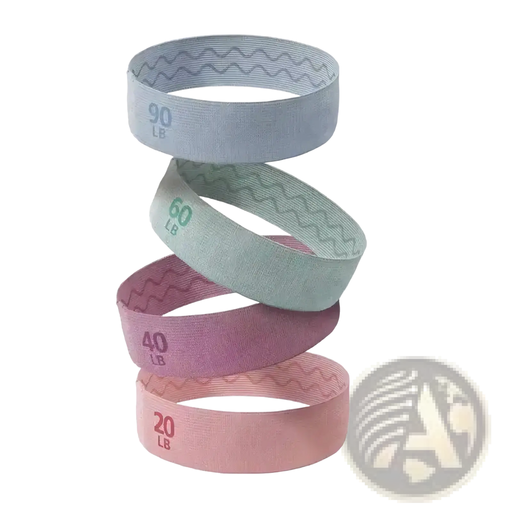 A stack of four pastel fabric resistance band hip exercise loops with wavy texture and weight capacity markings