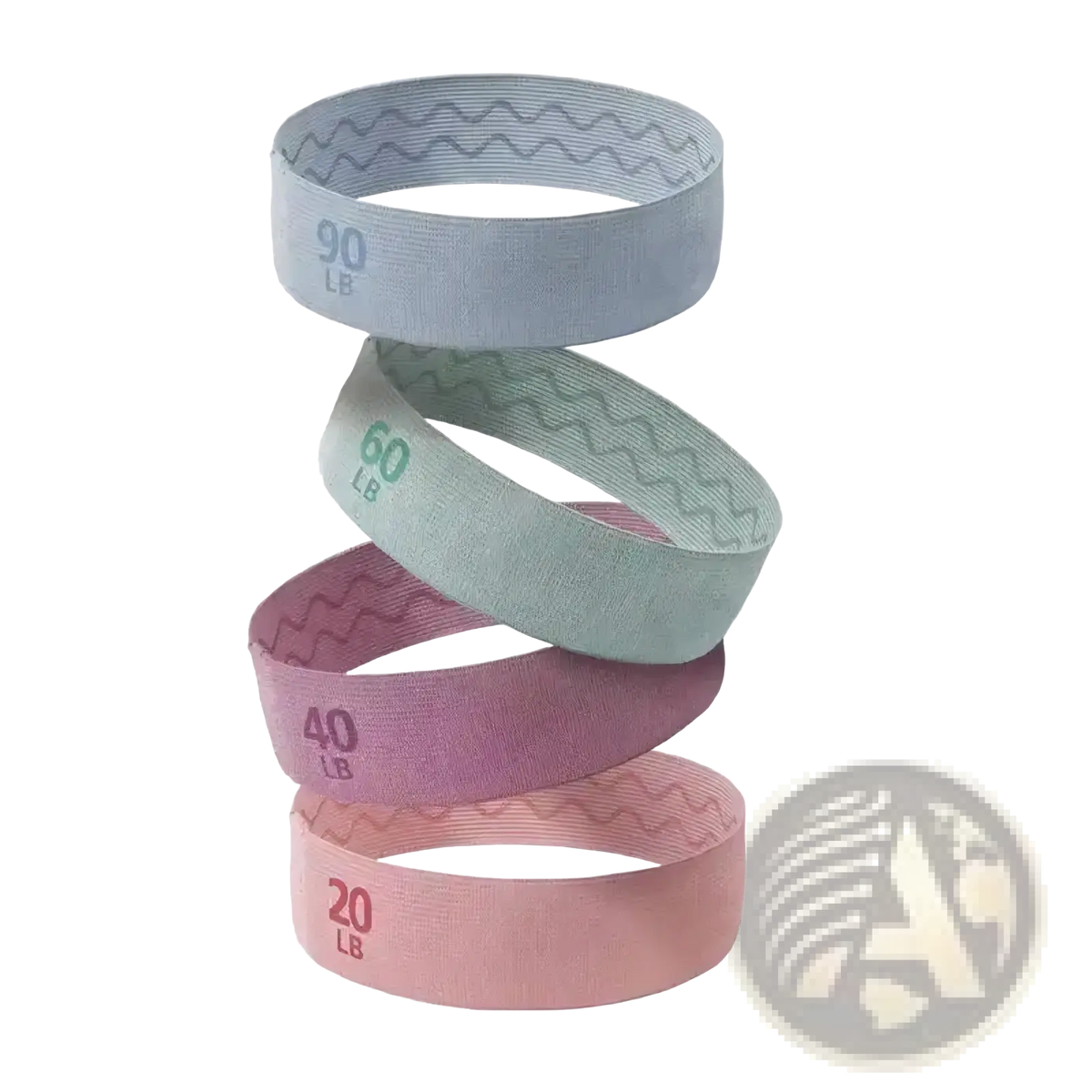 A stack of four pastel fabric resistance band hip exercise loops with wavy texture and weight capacity markings