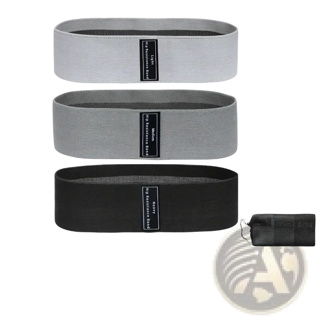 Set of three gray and black fabric resistance hip bands with adjustable tension levels for progressive fitness training