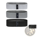 Set of three gray and black fabric resistance hip bands with adjustable tension levels for progressive fitness training