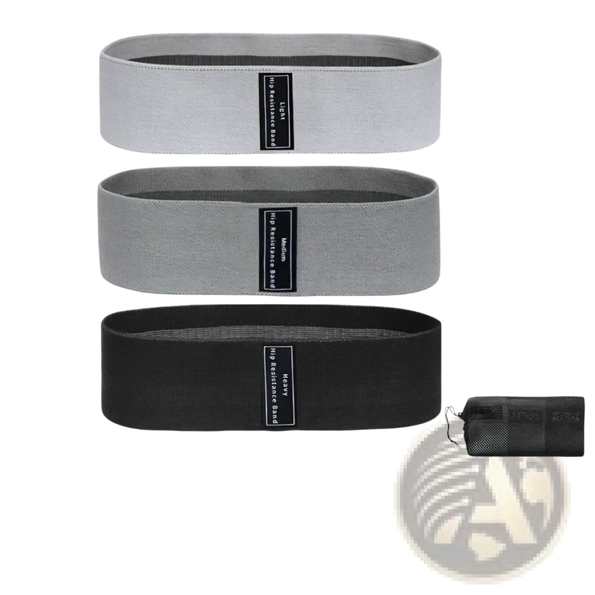 Set of three gray and black fabric resistance hip bands with adjustable tension levels for progressive fitness training