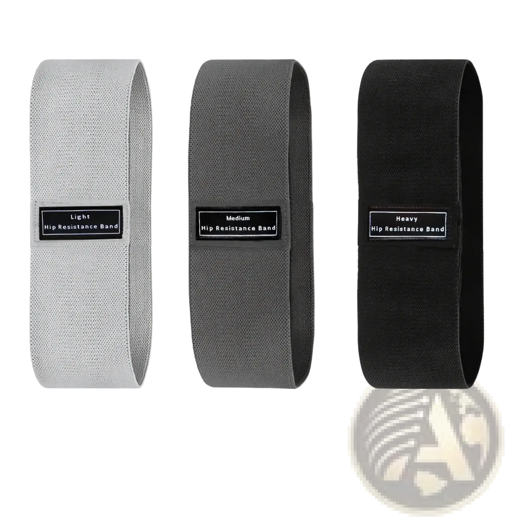 Fabric resistance hip bands set in gray dark gray and black with textured fabric surfaces for exercise use