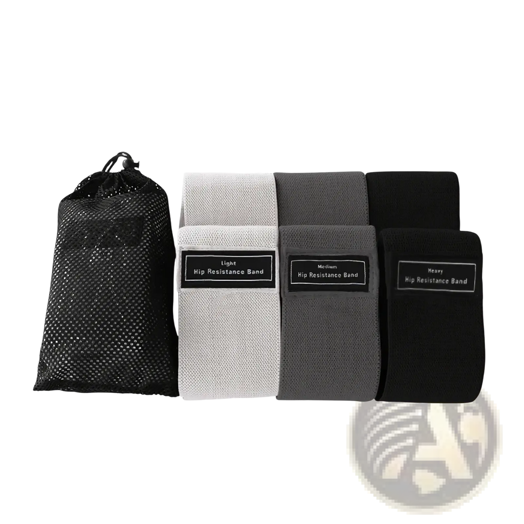 Fabric resistance hip bands set with three elastic fabric bands in light gray medium gray and black with labeled sizes