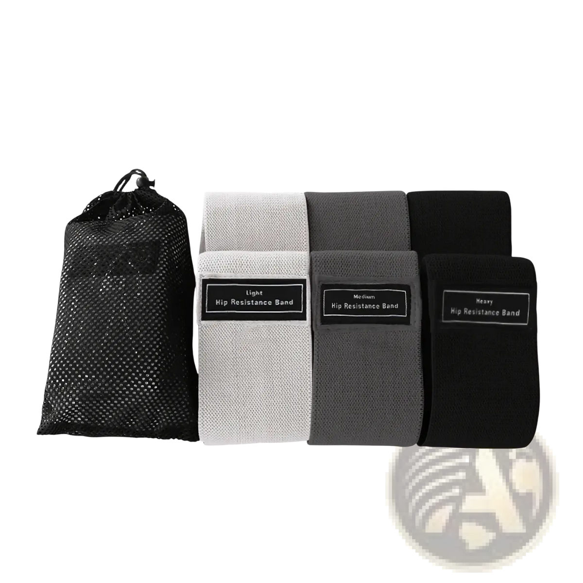 Fabric resistance hip bands set with three elastic fabric bands in light gray medium gray and black with labeled sizes