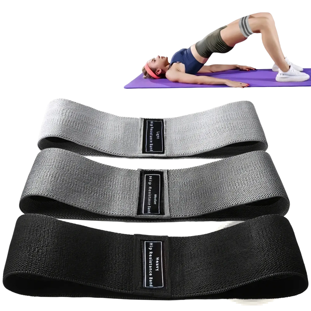 Set of three gray and black fabric resistance hip bands with labeled intensity levels for strength training