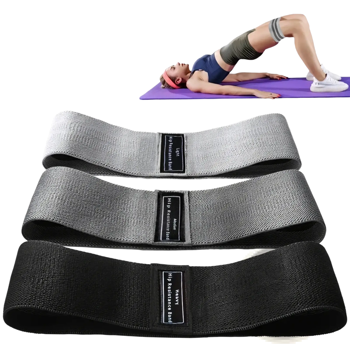 Set of three gray and black fabric resistance hip bands with labeled intensity levels for strength training