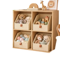 Beige fabric storage baskets with brown leather-like handles neatly organized on wooden closet shelves package includes 6 pack