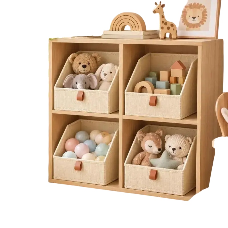 Beige fabric storage baskets with brown leather-like handles neatly organized on wooden closet shelves package includes 6 pack