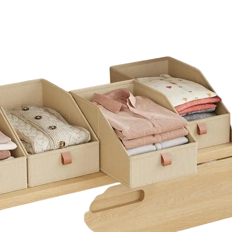Beige fabric storage baskets with pink leather handles neatly organizing clothes on closet shelves package includes 6 pack