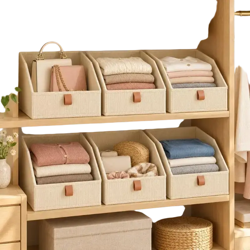 Beige woven fabric storage baskets with tan leather handles neatly organizing clothes on closet shelves package includes 6 bins