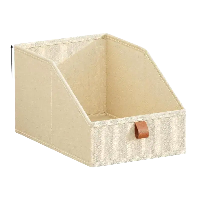 Beige woven fabric storage basket with brown leather pull tab for closet shelves package includes 6 storage baskets