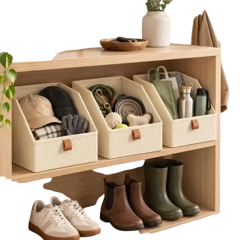 Beige woven fabric storage baskets with brown leather handles organized on wooden closet shelves package includes 6 pack