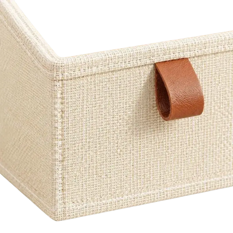 Beige woven fabric storage basket with brown leather handle for closet shelves package includes 6 storage baskets